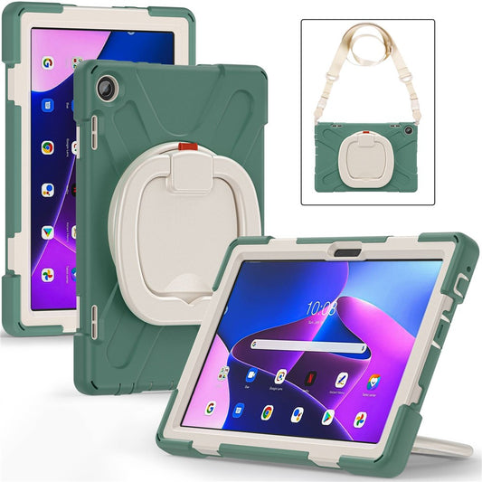 For Lenovo Tab M10 (Gen 3) TB-328FU / TB-328XU Rotary Kickstand Tablet Case PC + Silicone Anti-drop Hybrid Cover with Shoulder Strap - Dark Green