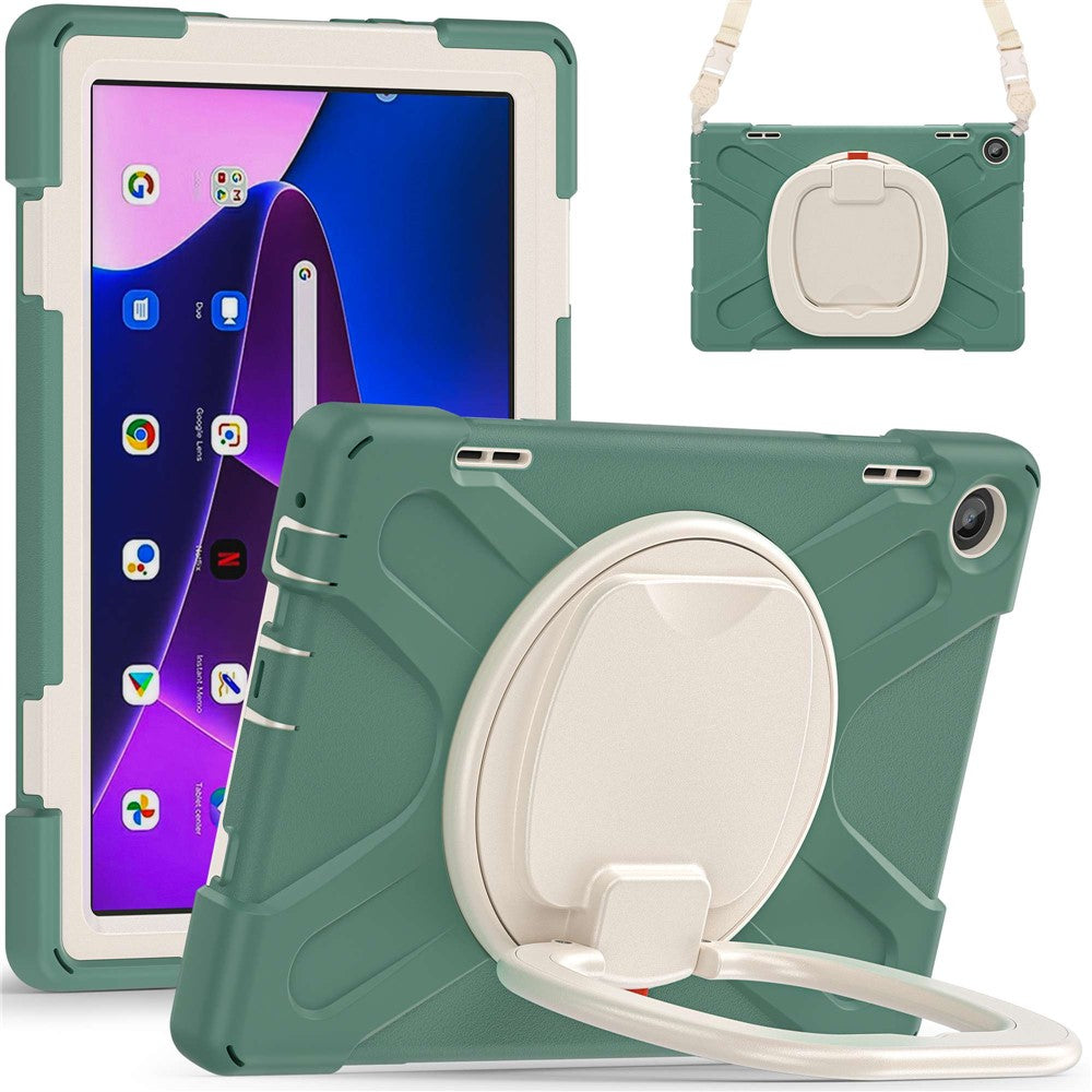 For Lenovo Tab M10 (Gen 3) TB-328FU / TB-328XU Rotary Kickstand Tablet Case PC + Silicone Anti-drop Hybrid Cover with Shoulder Strap - Dark Green