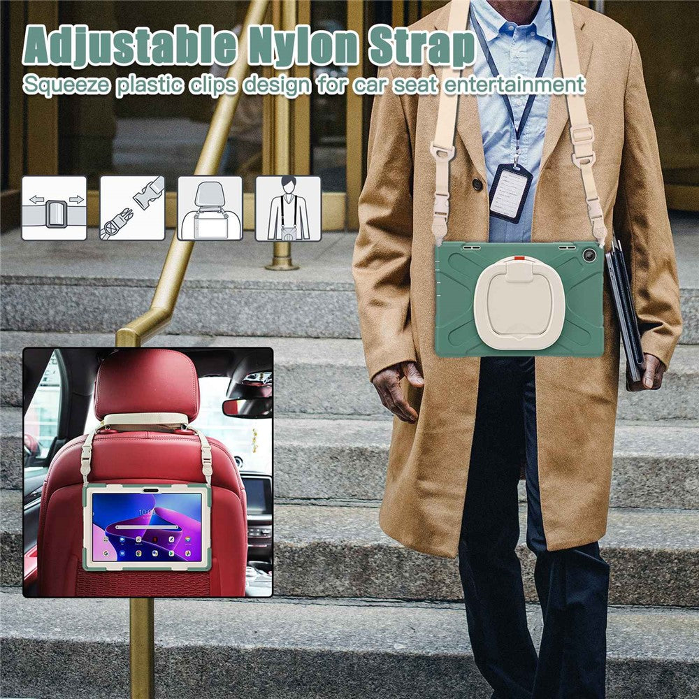 For Lenovo Tab M10 (Gen 3) TB-328FU / TB-328XU Rotary Kickstand Tablet Case PC + Silicone Anti-drop Hybrid Cover with Shoulder Strap - Dark Green