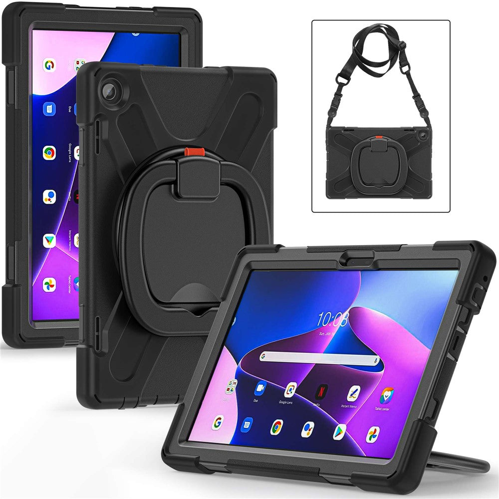 For Lenovo Tab M10 (Gen 3) TB-328FU / TB-328XU Rotary Kickstand Tablet Case PC + Silicone Anti-drop Hybrid Cover with Shoulder Strap - Black