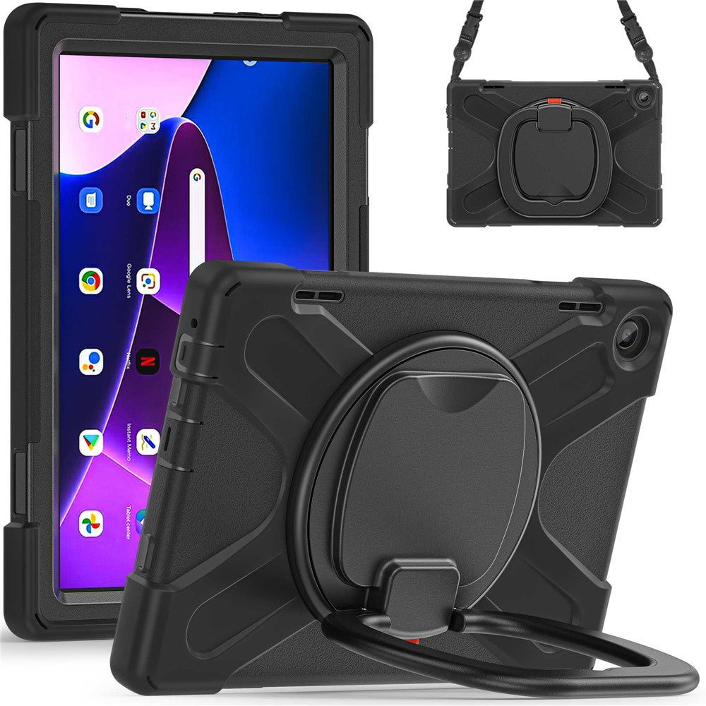 For Lenovo Tab M10 (Gen 3) TB-328FU / TB-328XU Rotary Kickstand Tablet Case PC + Silicone Anti-drop Hybrid Cover with Shoulder Strap - Black