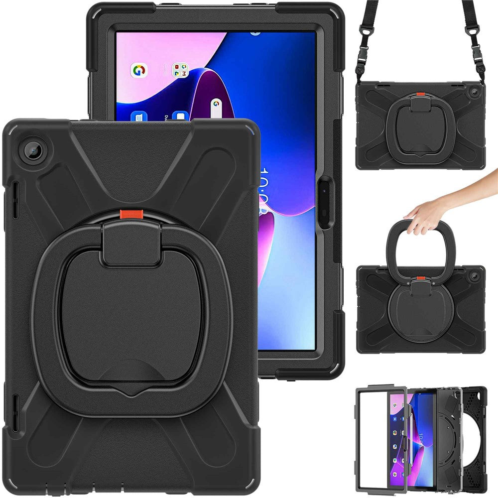 For Lenovo Tab M10 (Gen 3) TB-328FU / TB-328XU Rotary Kickstand Tablet Case PC + Silicone Anti-drop Hybrid Cover with Shoulder Strap - Black
