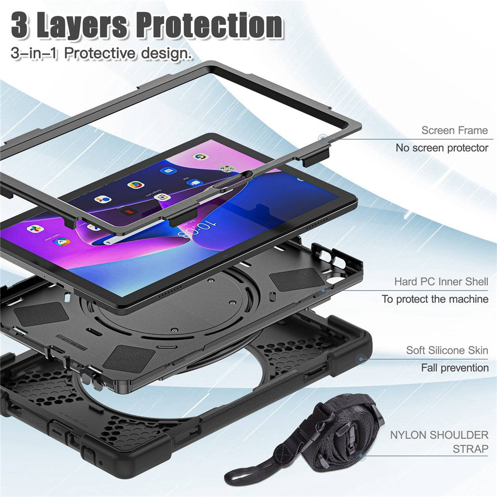 For Lenovo Tab M10 (Gen 3) TB-328FU / TB-328XU Rotary Kickstand Tablet Case PC + Silicone Anti-drop Hybrid Cover with Shoulder Strap - Black