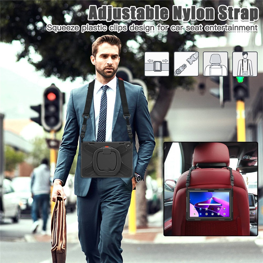 For Lenovo Tab M10 (Gen 3) TB-328FU / TB-328XU Rotary Kickstand Tablet Case PC + Silicone Anti-drop Hybrid Cover with Shoulder Strap - Black