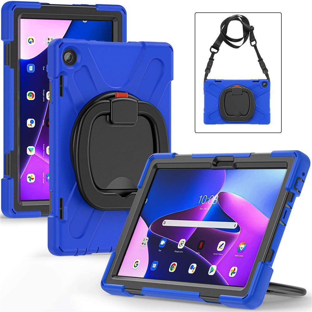 For Lenovo Tab M10 (Gen 3) TB-328FU / TB-328XU Rotary Kickstand Tablet Case PC + Silicone Anti-drop Hybrid Cover with Shoulder Strap - Blue