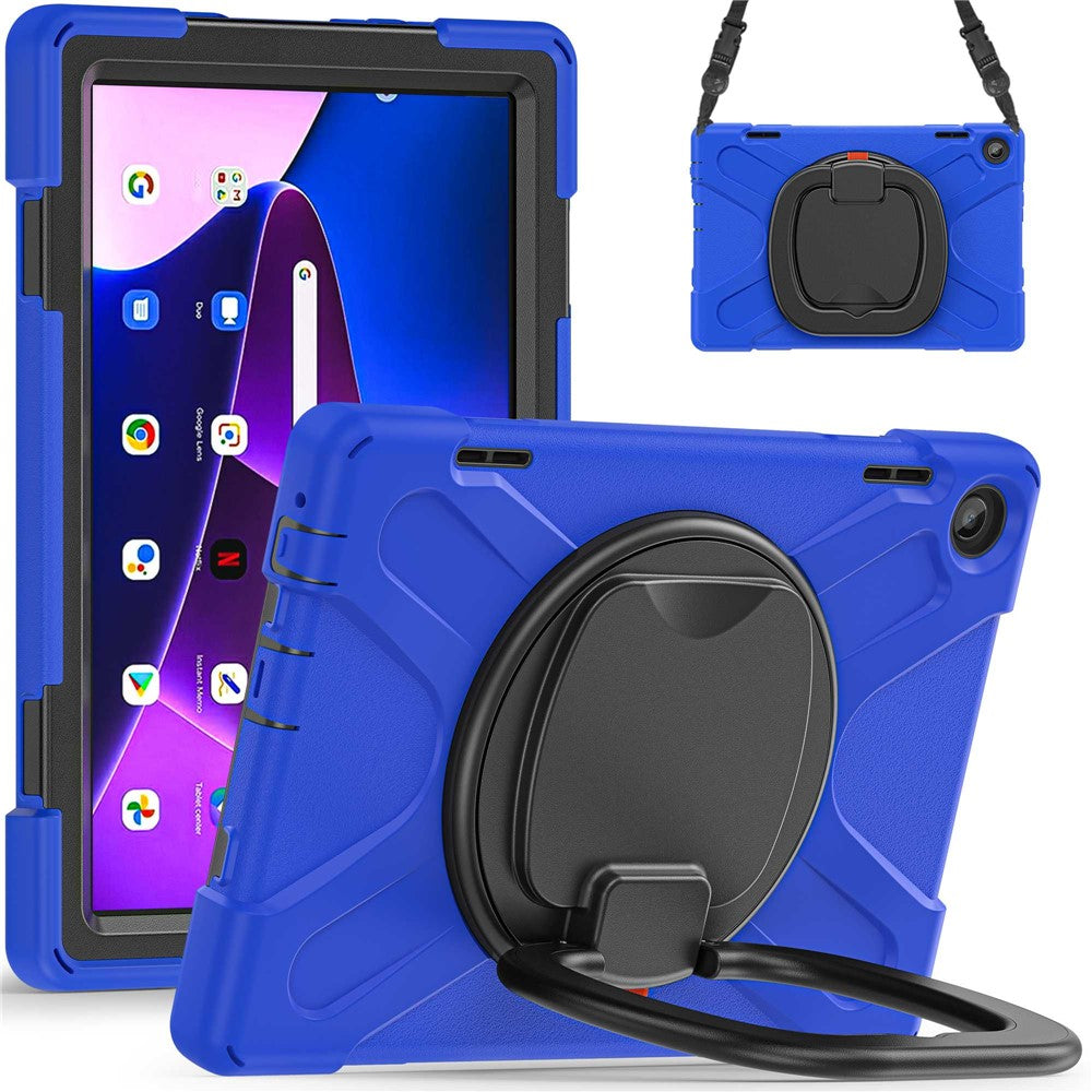 For Lenovo Tab M10 (Gen 3) TB-328FU / TB-328XU Rotary Kickstand Tablet Case PC + Silicone Anti-drop Hybrid Cover with Shoulder Strap - Blue