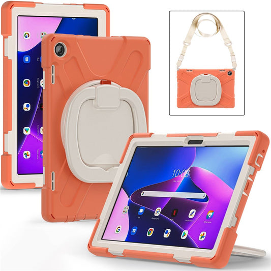For Lenovo Tab M10 (Gen 3) TB-328FU / TB-328XU Rotary Kickstand Tablet Case PC + Silicone Anti-drop Hybrid Cover with Shoulder Strap - Orange