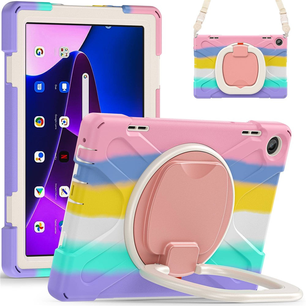 For Lenovo Tab M10 (Gen 3) TB-328FU / TB-328XU Rotary Kickstand Tablet Case PC + Silicone Anti-drop Hybrid Cover with Shoulder Strap - Colorful Pink