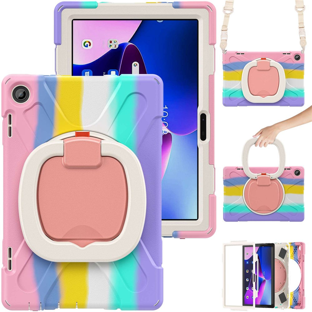 For Lenovo Tab M10 (Gen 3) TB-328FU / TB-328XU Rotary Kickstand Tablet Case PC + Silicone Anti-drop Hybrid Cover with Shoulder Strap - Colorful Pink