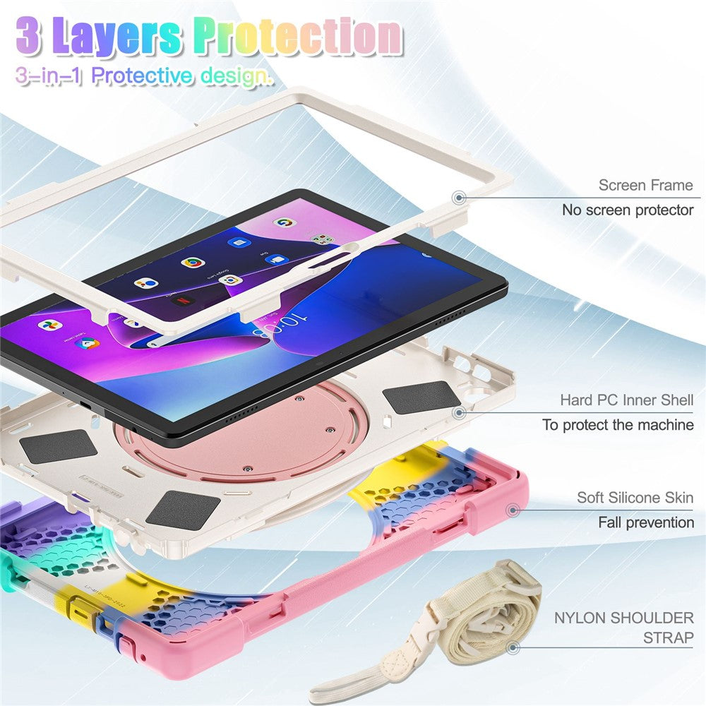 For Lenovo Tab M10 (Gen 3) TB-328FU / TB-328XU Rotary Kickstand Tablet Case PC + Silicone Anti-drop Hybrid Cover with Shoulder Strap - Colorful Pink