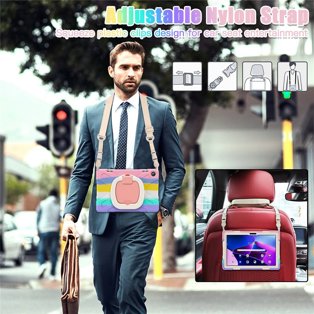 For Lenovo Tab M10 (Gen 3) TB-328FU / TB-328XU Rotary Kickstand Tablet Case PC + Silicone Anti-drop Hybrid Cover with Shoulder Strap - Colorful Pink