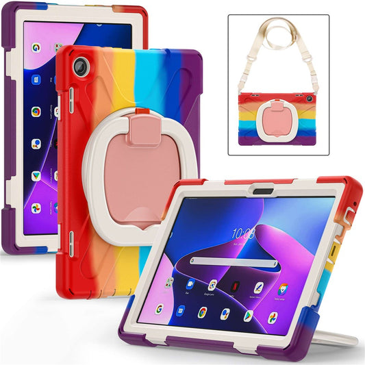 For Lenovo Tab M10 (Gen 3) TB-328FU / TB-328XU Rotary Kickstand Tablet Case PC + Silicone Anti-drop Hybrid Cover with Shoulder Strap - Colorful Red