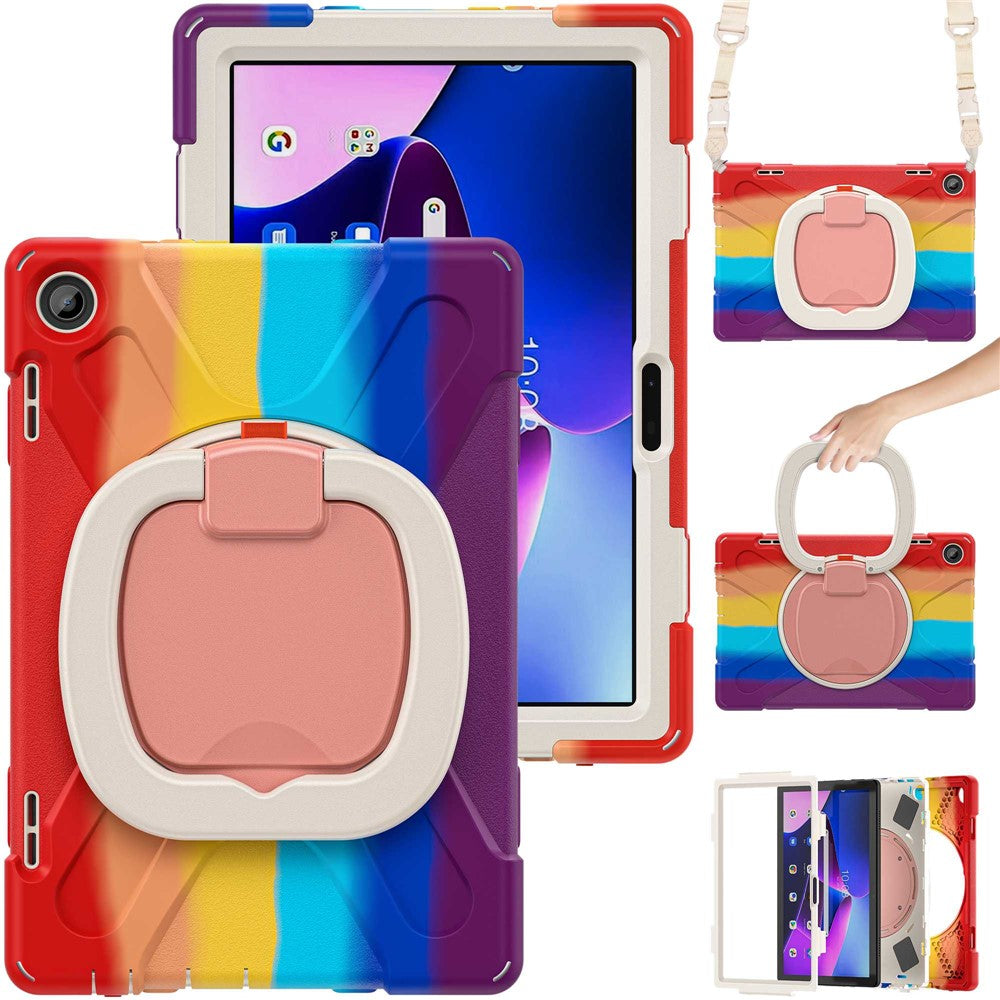 For Lenovo Tab M10 (Gen 3) TB-328FU / TB-328XU Rotary Kickstand Tablet Case PC + Silicone Anti-drop Hybrid Cover with Shoulder Strap - Colorful Red