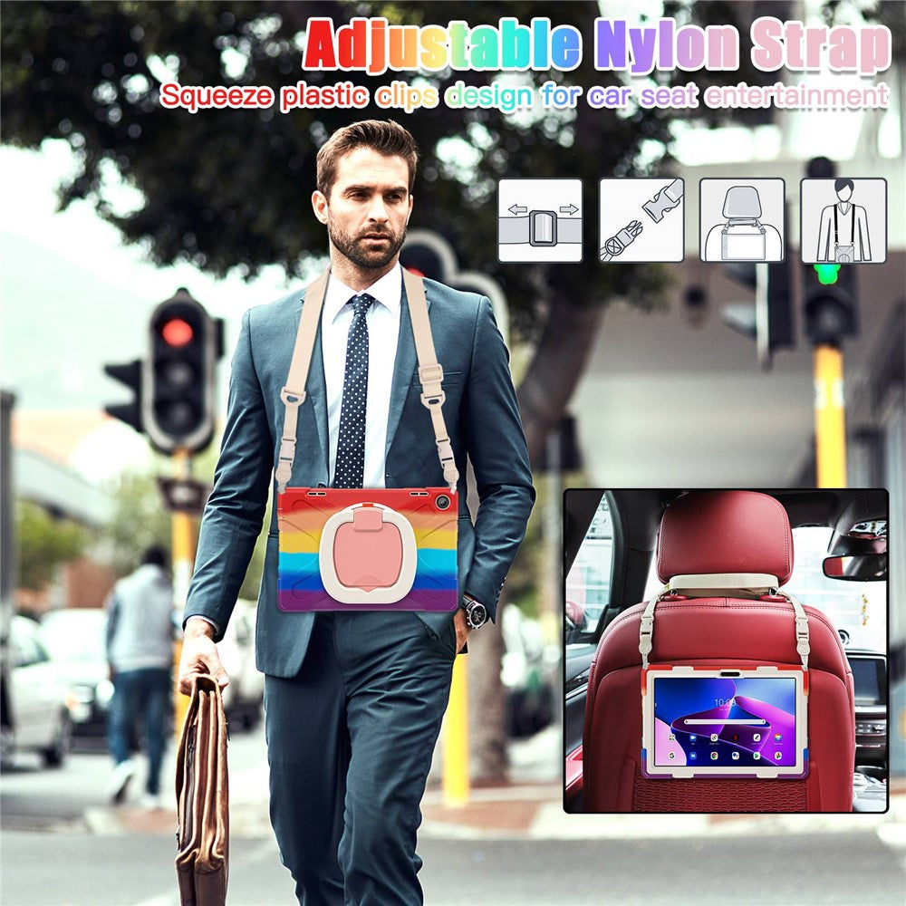 For Lenovo Tab M10 (Gen 3) TB-328FU / TB-328XU Rotary Kickstand Tablet Case PC + Silicone Anti-drop Hybrid Cover with Shoulder Strap - Colorful Red