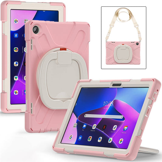 For Lenovo Tab M10 (Gen 3) TB-328FU / TB-328XU Rotary Kickstand Tablet Case PC + Silicone Anti-drop Hybrid Cover with Shoulder Strap - Pink