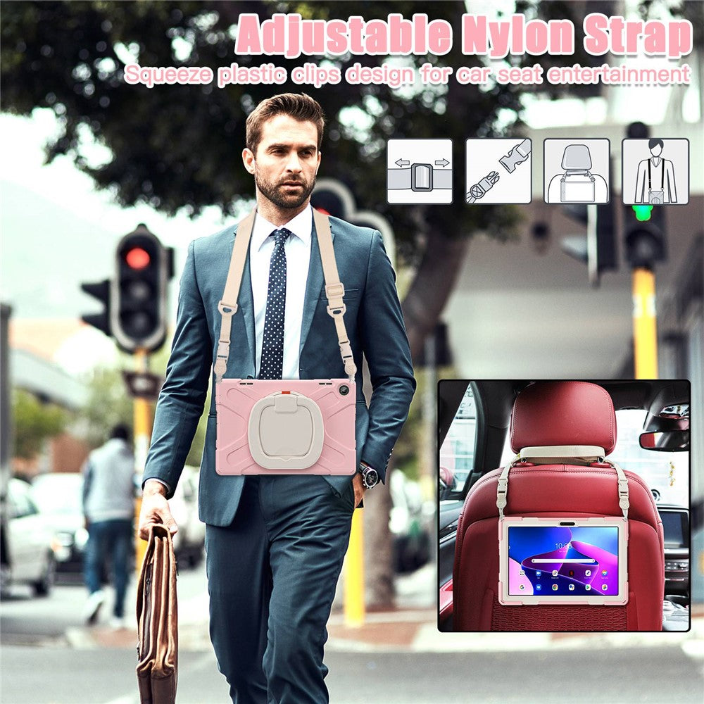 For Lenovo Tab M10 (Gen 3) TB-328FU / TB-328XU Rotary Kickstand Tablet Case PC + Silicone Anti-drop Hybrid Cover with Shoulder Strap - Pink