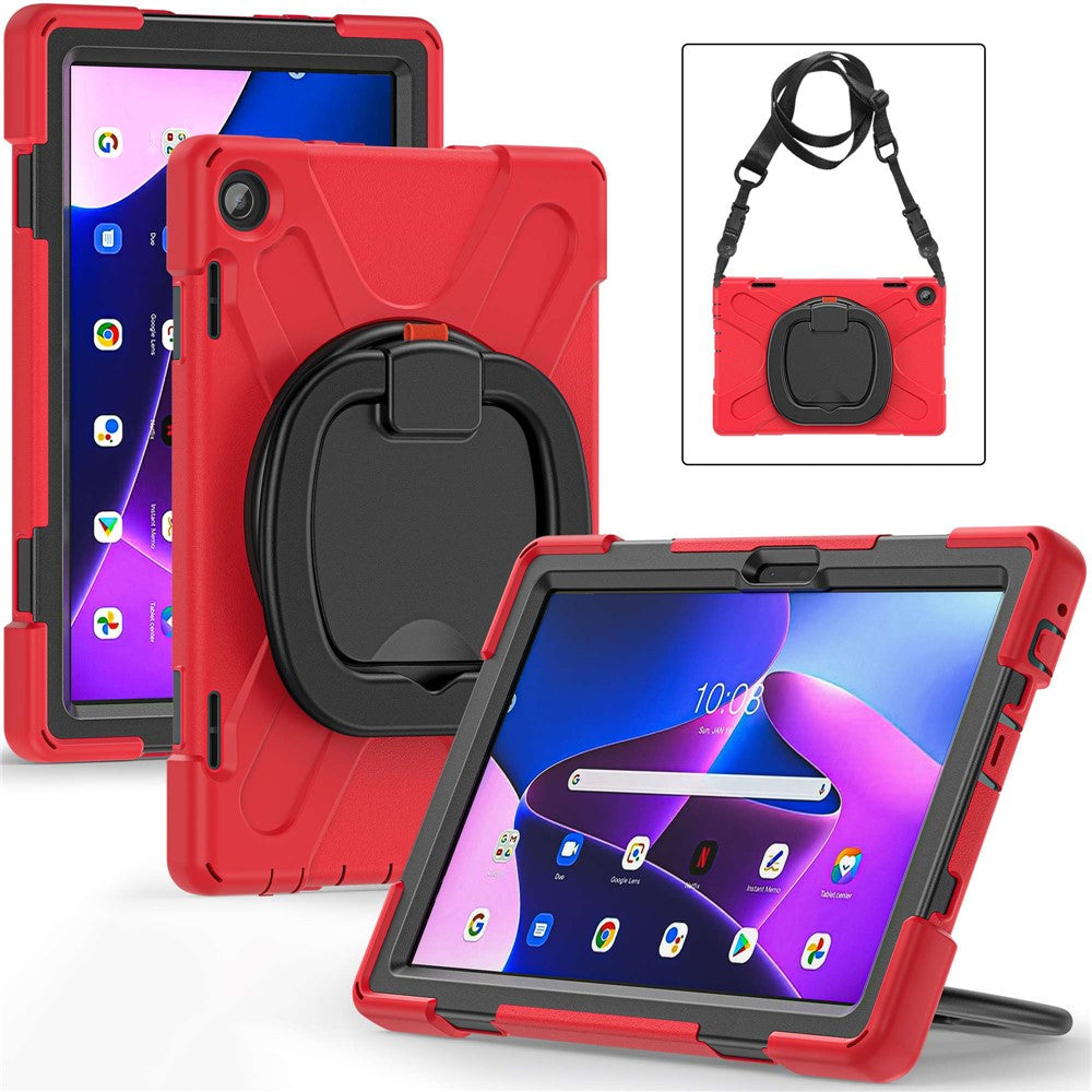 For Lenovo Tab M10 (Gen 3) TB-328FU / TB-328XU Rotary Kickstand Tablet Case PC + Silicone Anti-drop Hybrid Cover with Shoulder Strap - Red