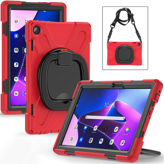 For Lenovo Tab M10 (Gen 3) TB-328FU / TB-328XU Rotary Kickstand Tablet Case PC + Silicone Anti-drop Hybrid Cover with Shoulder Strap - Red