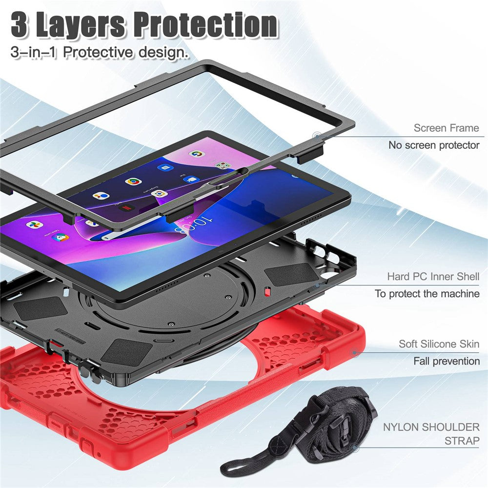For Lenovo Tab M10 (Gen 3) TB-328FU / TB-328XU Rotary Kickstand Tablet Case PC + Silicone Anti-drop Hybrid Cover with Shoulder Strap - Red
