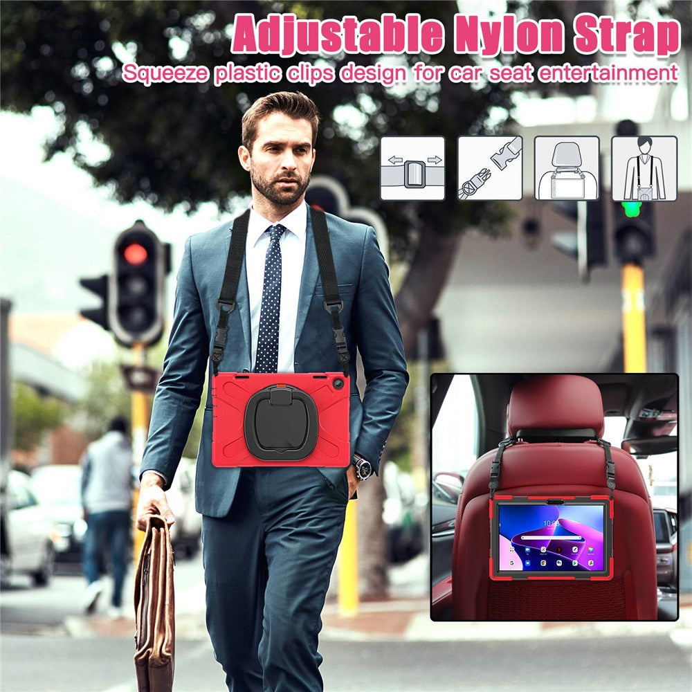 For Lenovo Tab M10 (Gen 3) TB-328FU / TB-328XU Rotary Kickstand Tablet Case PC + Silicone Anti-drop Hybrid Cover with Shoulder Strap - Red