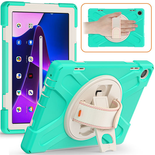 For Lenovo Tab M10 (Gen 3) TB-328FU / TB-328XU Kickstand 360 Degree Rotation Hand Strap Tablet Case PC + Silicone Protective Cover - Mint Green