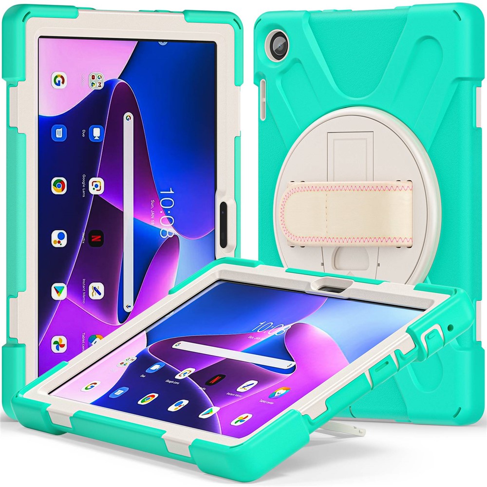 For Lenovo Tab M10 (Gen 3) TB-328FU / TB-328XU Kickstand 360 Degree Rotation Hand Strap Tablet Case PC + Silicone Protective Cover - Mint Green