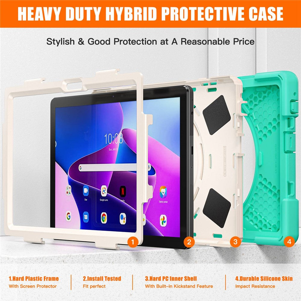 For Lenovo Tab M10 (Gen 3) TB-328FU / TB-328XU Kickstand 360 Degree Rotation Hand Strap Tablet Case PC + Silicone Protective Cover - Mint Green
