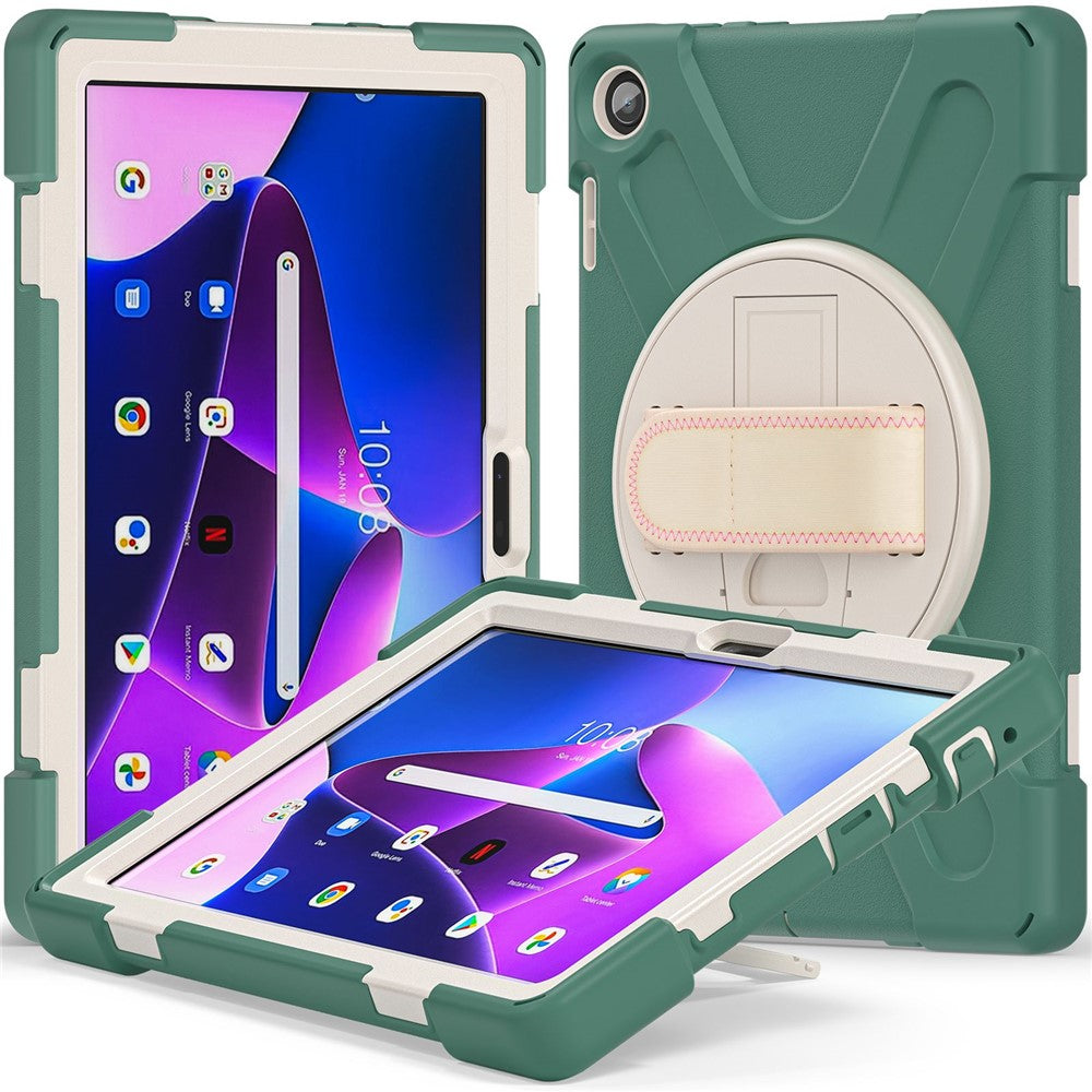For Lenovo Tab M10 (Gen 3) TB-328FU / TB-328XU Kickstand 360 Degree Rotation Hand Strap Tablet Case PC + Silicone Protective Cover - Emerald Green