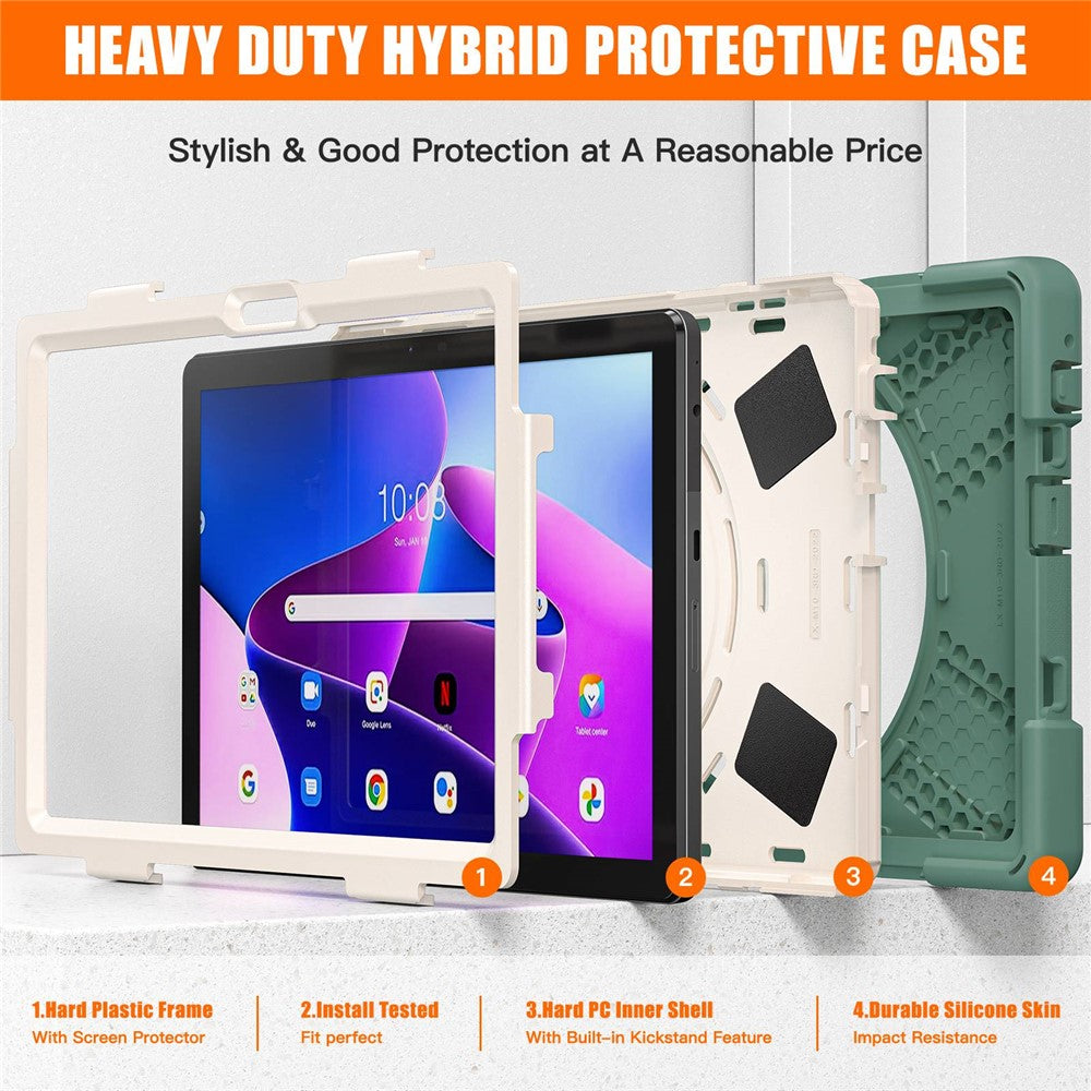 For Lenovo Tab M10 (Gen 3) TB-328FU / TB-328XU Kickstand 360 Degree Rotation Hand Strap Tablet Case PC + Silicone Protective Cover - Emerald Green