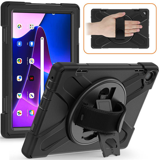 For Lenovo Tab M10 (Gen 3) TB-328FU / TB-328XU Kickstand 360 Degree Rotation Hand Strap Tablet Case PC + Silicone Protective Cover - Black