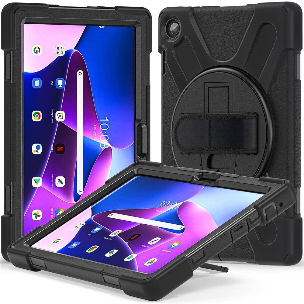For Lenovo Tab M10 (Gen 3) TB-328FU / TB-328XU Kickstand 360 Degree Rotation Hand Strap Tablet Case PC + Silicone Protective Cover - Black