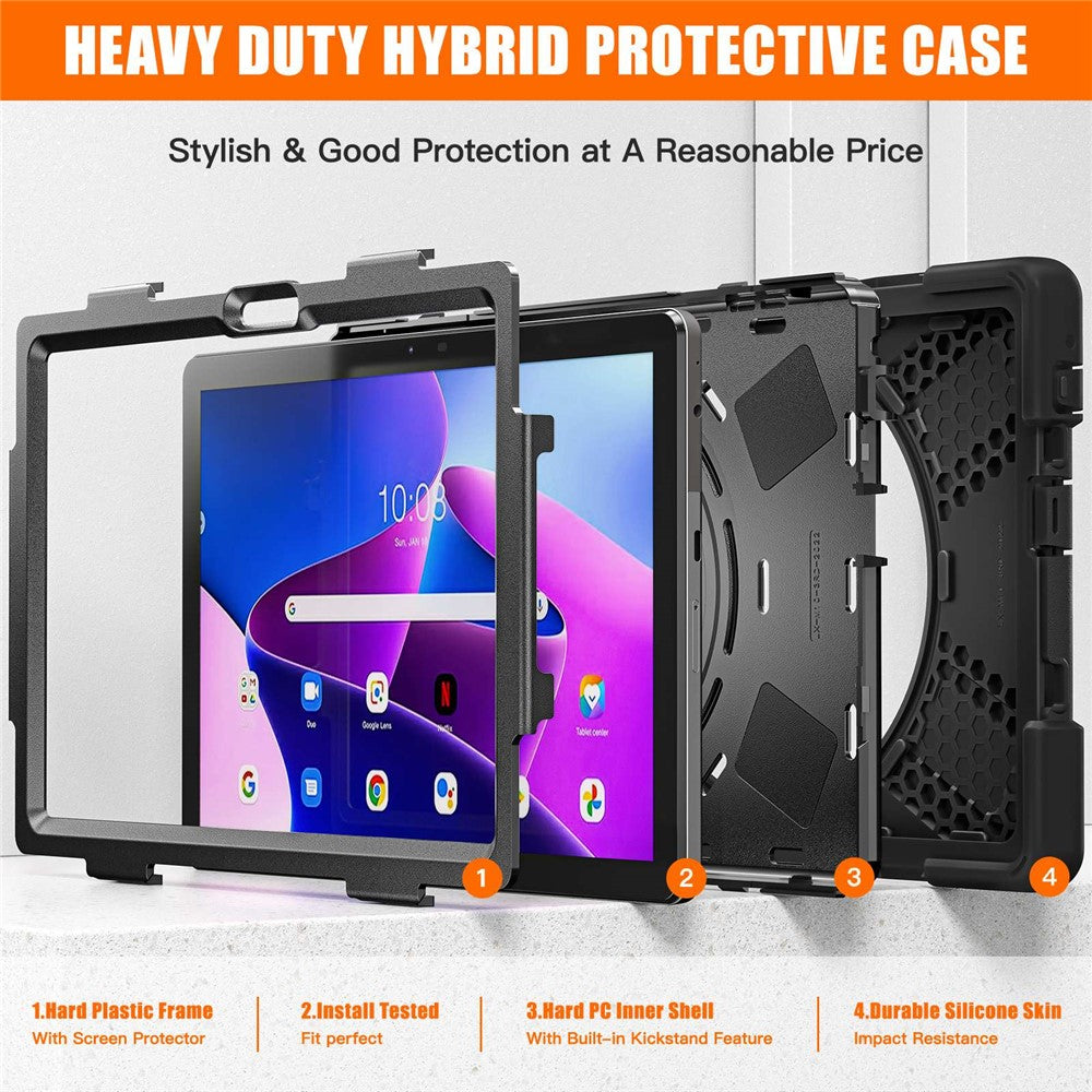 For Lenovo Tab M10 (Gen 3) TB-328FU / TB-328XU Kickstand 360 Degree Rotation Hand Strap Tablet Case PC + Silicone Protective Cover - Black
