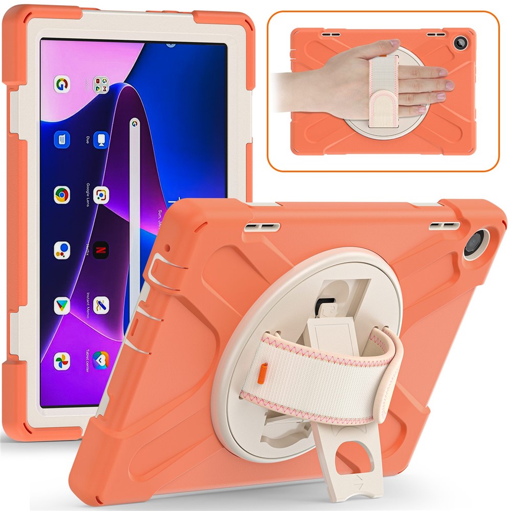 For Lenovo Tab M10 (Gen 3) TB-328FU / TB-328XU Kickstand 360 Degree Rotation Hand Strap Tablet Case PC + Silicone Protective Cover - Orange