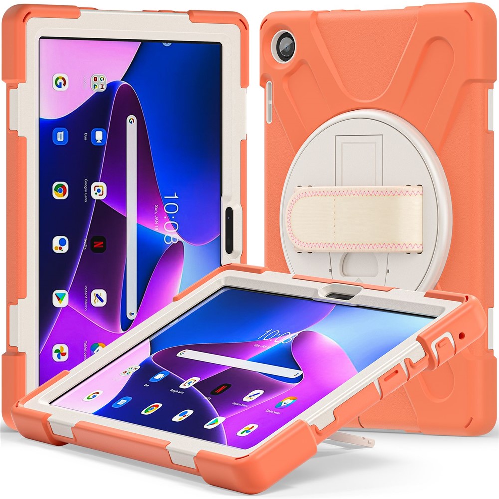 For Lenovo Tab M10 (Gen 3) TB-328FU / TB-328XU Kickstand 360 Degree Rotation Hand Strap Tablet Case PC + Silicone Protective Cover - Orange