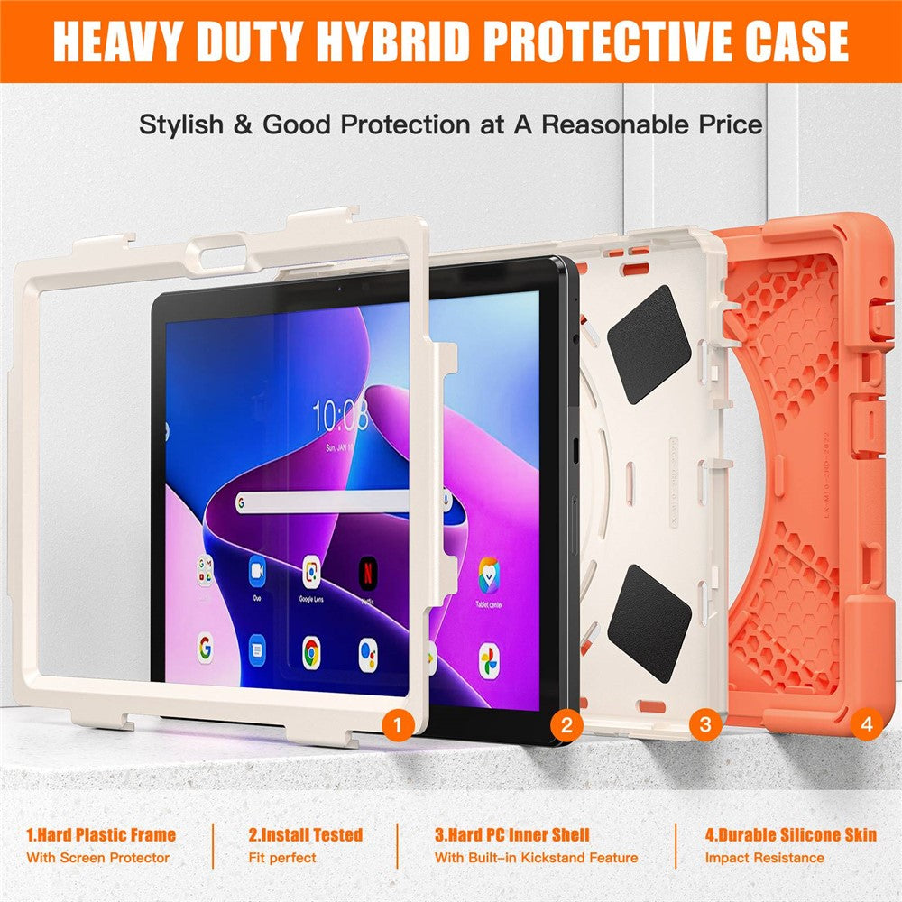 For Lenovo Tab M10 (Gen 3) TB-328FU / TB-328XU Kickstand 360 Degree Rotation Hand Strap Tablet Case PC + Silicone Protective Cover - Orange
