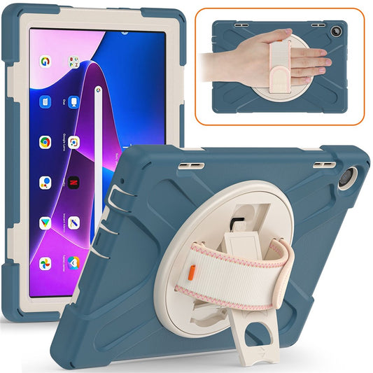 For Lenovo Tab M10 (Gen 3) TB-328FU / TB-328XU Kickstand 360 Degree Rotation Hand Strap Tablet Case PC + Silicone Protective Cover - Cornflower Blue