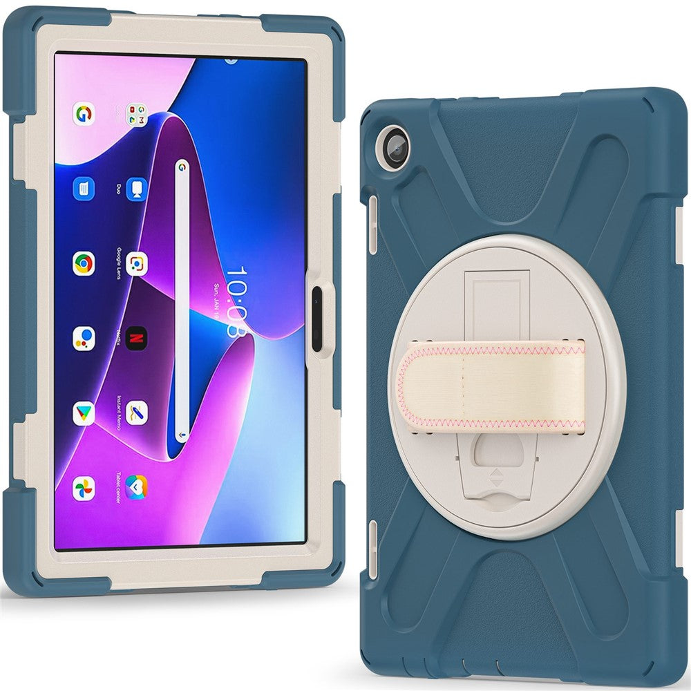 For Lenovo Tab M10 (Gen 3) TB-328FU / TB-328XU Kickstand 360 Degree Rotation Hand Strap Tablet Case PC + Silicone Protective Cover - Cornflower Blue