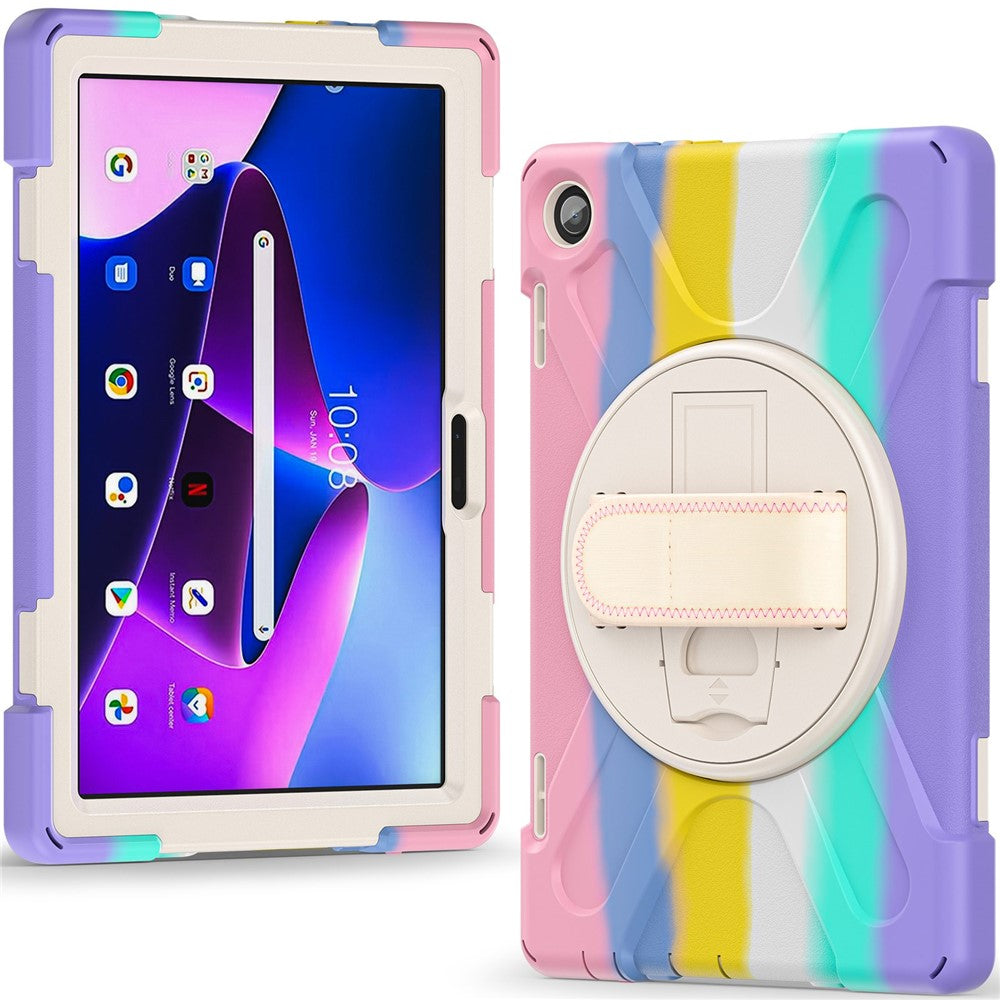 For Lenovo Tab M10 (Gen 3) TB-328FU / TB-328XU Kickstand 360 Degree Rotation Hand Strap Tablet Case PC + Silicone Protective Cover - Colorful Pink