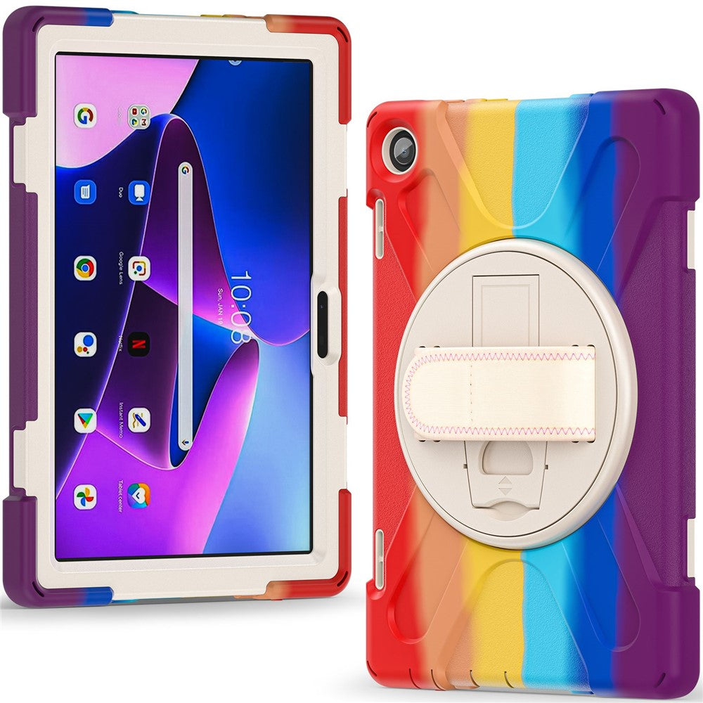 For Lenovo Tab M10 (Gen 3) TB-328FU / TB-328XU Kickstand 360 Degree Rotation Hand Strap Tablet Case PC + Silicone Protective Cover - Colorful Red