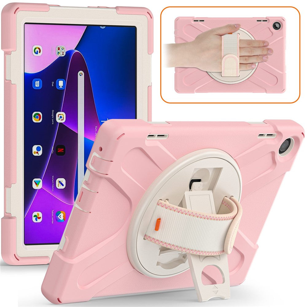 For Lenovo Tab M10 (Gen 3) TB-328FU / TB-328XU Kickstand 360 Degree Rotation Hand Strap Tablet Case PC + Silicone Protective Cover - Cherry Blossom Pink