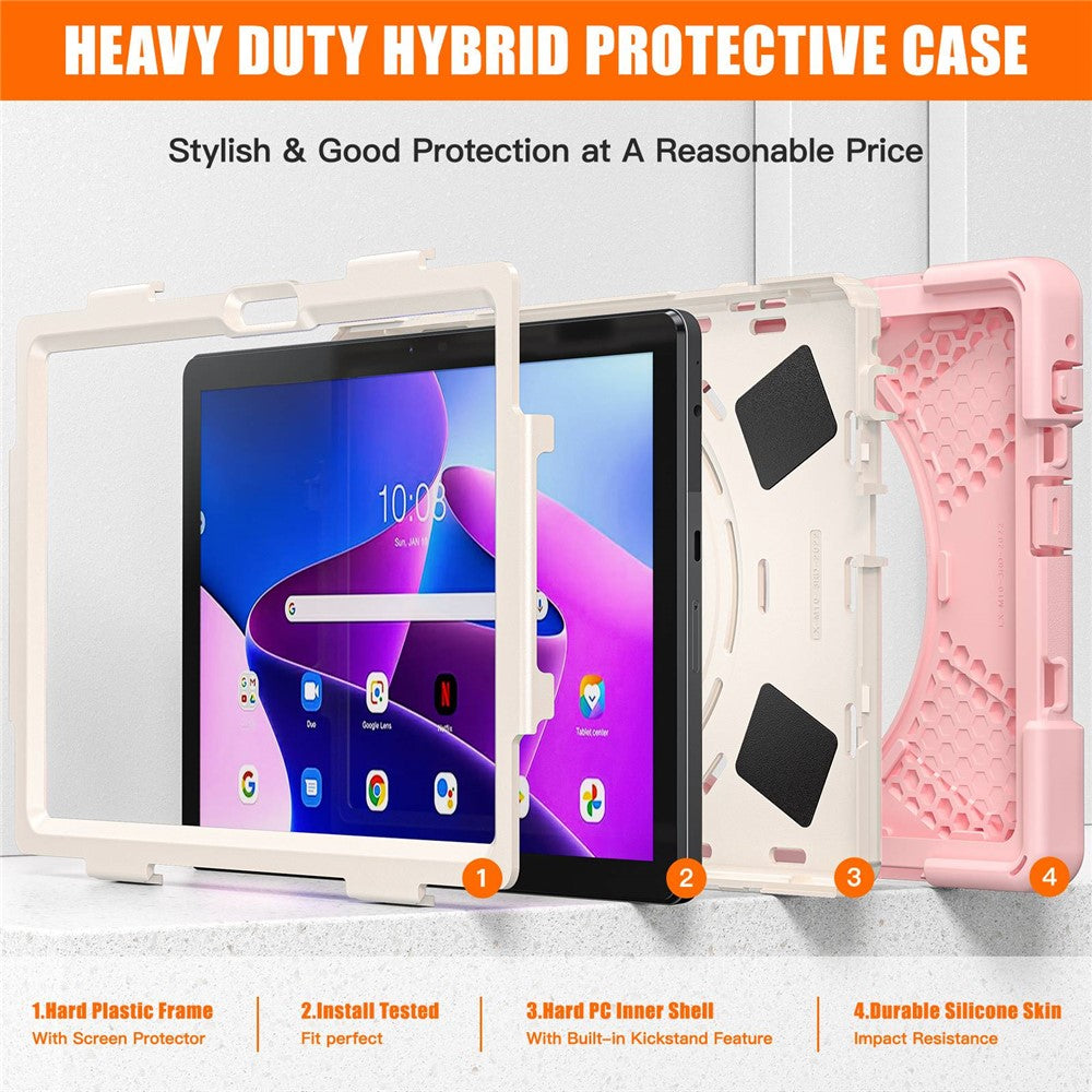For Lenovo Tab M10 (Gen 3) TB-328FU / TB-328XU Kickstand 360 Degree Rotation Hand Strap Tablet Case PC + Silicone Protective Cover - Cherry Blossom Pink