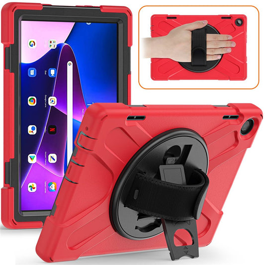 For Lenovo Tab M10 (Gen 3) TB-328FU / TB-328XU Kickstand 360 Degree Rotation Hand Strap Tablet Case PC + Silicone Protective Cover - Red