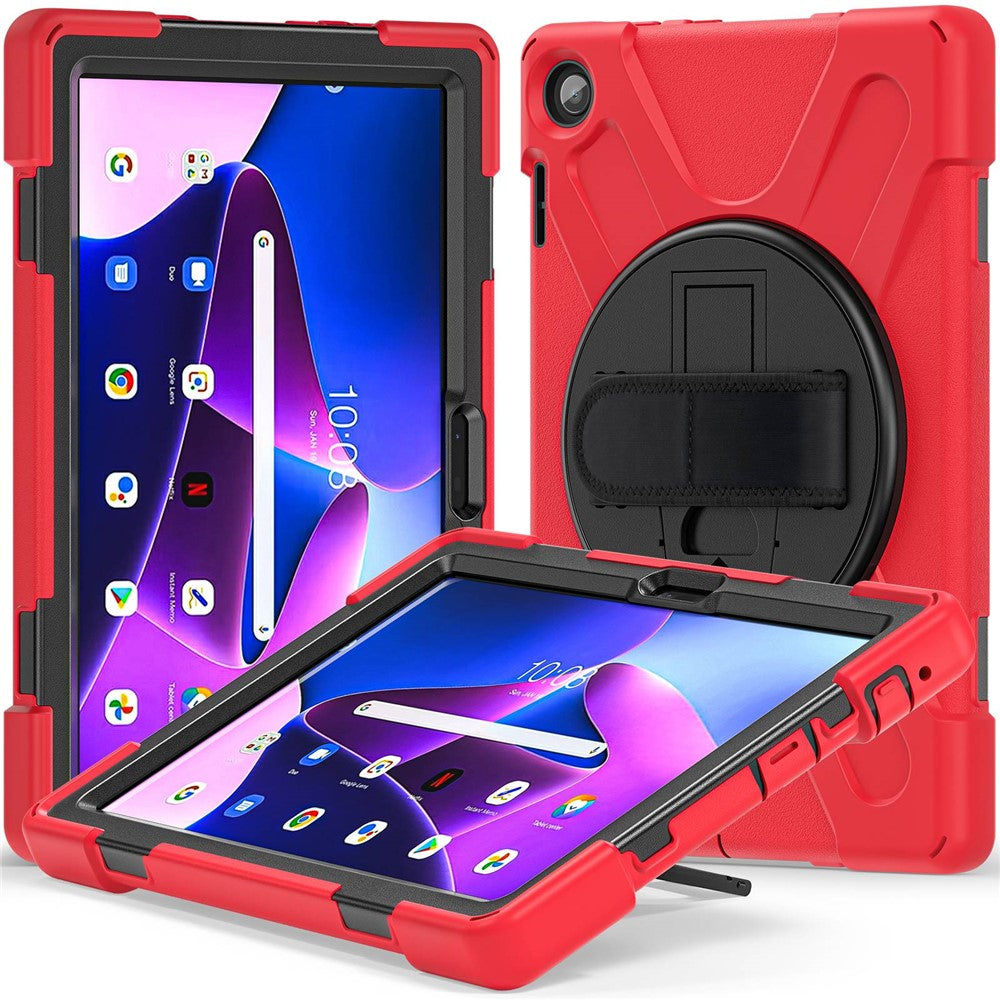 For Lenovo Tab M10 (Gen 3) TB-328FU / TB-328XU Kickstand 360 Degree Rotation Hand Strap Tablet Case PC + Silicone Protective Cover - Red