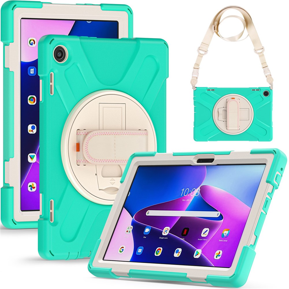 For Lenovo Tab M10 (Gen 3) TB-328FU / TB-328XU Rotary Hand Strap Kickstand Tablet Case PC + Silicone Shockproof Cover with Shoulder Strap - Mint Green
