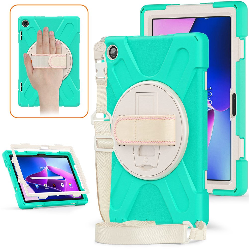 For Lenovo Tab M10 (Gen 3) TB-328FU / TB-328XU Rotary Hand Strap Kickstand Tablet Case PC + Silicone Shockproof Cover with Shoulder Strap - Mint Green