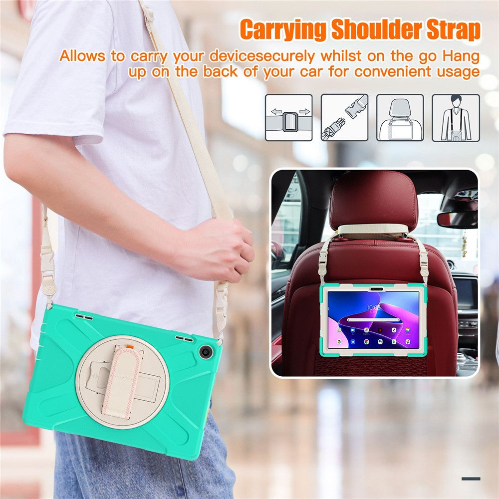 For Lenovo Tab M10 (Gen 3) TB-328FU / TB-328XU Rotary Hand Strap Kickstand Tablet Case PC + Silicone Shockproof Cover with Shoulder Strap - Mint Green