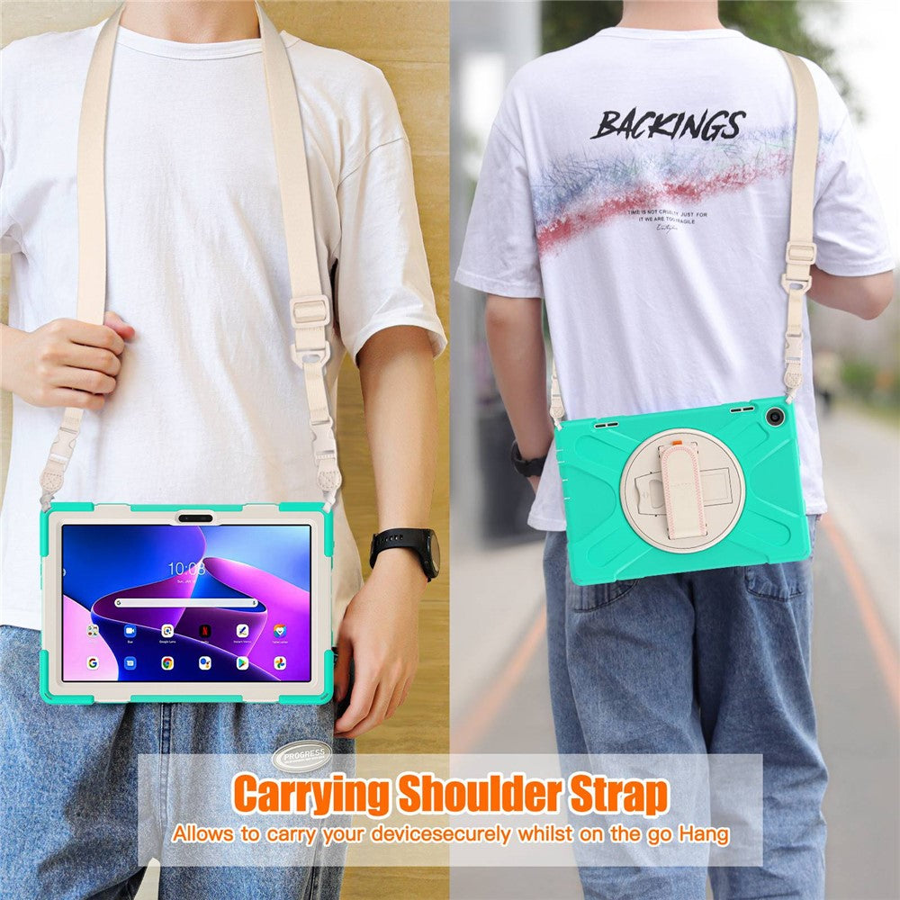 For Lenovo Tab M10 (Gen 3) TB-328FU / TB-328XU Rotary Hand Strap Kickstand Tablet Case PC + Silicone Shockproof Cover with Shoulder Strap - Mint Green