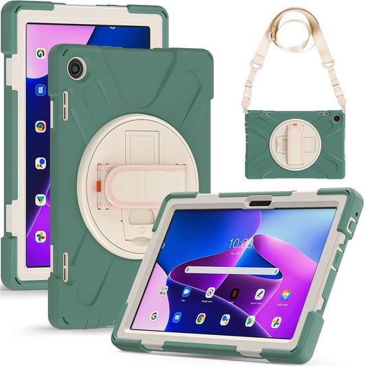For Lenovo Tab M10 (Gen 3) TB-328FU / TB-328XU Rotary Hand Strap Kickstand Tablet Case PC + Silicone Shockproof Cover with Shoulder Strap - Emerald Green