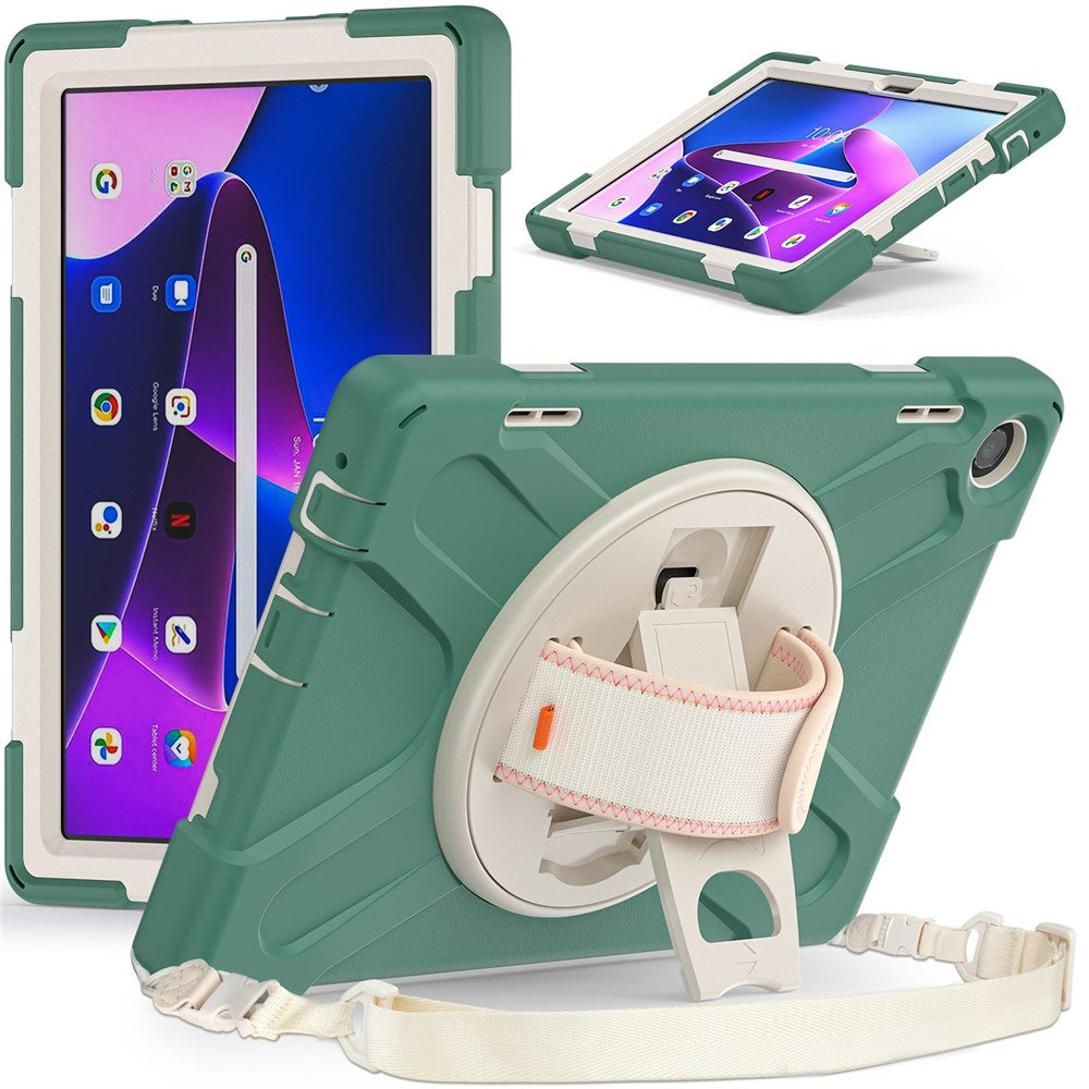 For Lenovo Tab M10 (Gen 3) TB-328FU / TB-328XU Rotary Hand Strap Kickstand Tablet Case PC + Silicone Shockproof Cover with Shoulder Strap - Emerald Green