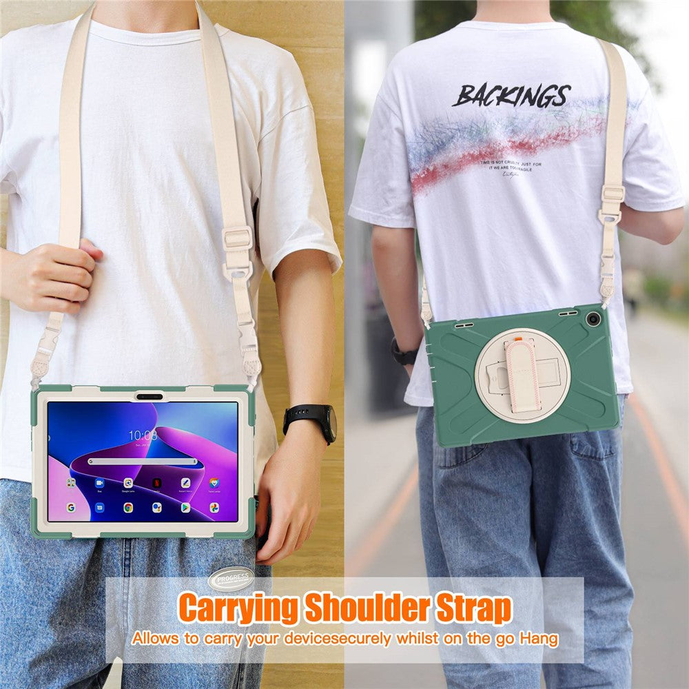 For Lenovo Tab M10 (Gen 3) TB-328FU / TB-328XU Rotary Hand Strap Kickstand Tablet Case PC + Silicone Shockproof Cover with Shoulder Strap - Emerald Green